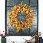 JINGHONG 28 Inch Large Fall Wreaths for Front Door Artificial Fall Wreath Floral Autumn Wreath with Colorful Daisies Fall Foliage for Indoor Outside Door Harvest Festival Thanksgiving Day Celebration - Image 3