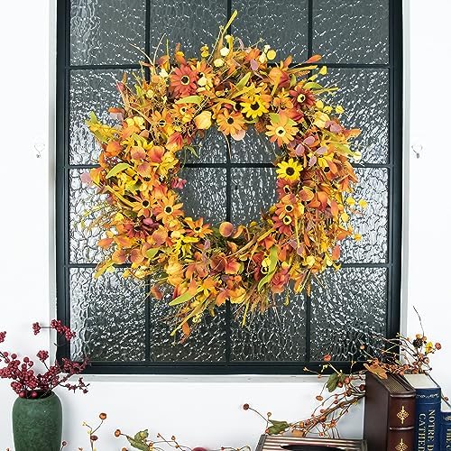 JINGHONG 28 Inch Large Fall Wreaths for Front Door Artificial Fall Wreath Floral Autumn Wreath with Colorful Daisies Fall Foliage for Indoor Outside Door Harvest Festival Thanksgiving Day Celebration - Image 3