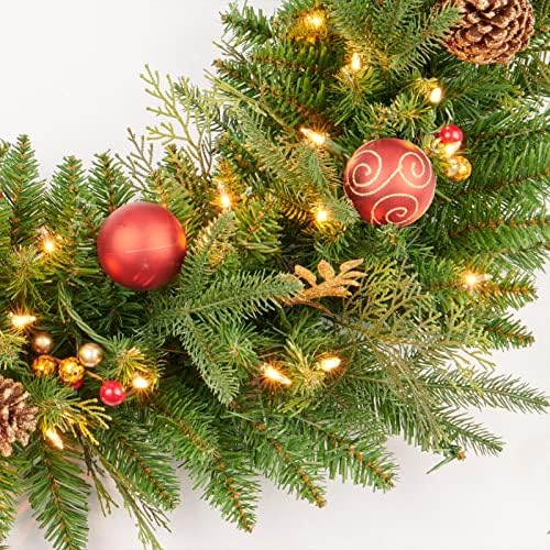 9FT Red Gold Christmas Garland Prelit with 70 Lights Plug in,Decor for Fireplace Stairs Mantle Door Indoor Outdoor - Image 3