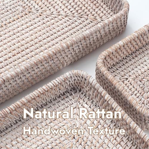 Rattan Serving Tray, Rectangular Woven Tray, Natural Wicker Decorative Serving Baskets for Organizing Tabletop Bathroom Kitchen Counter (White) - Image 6
