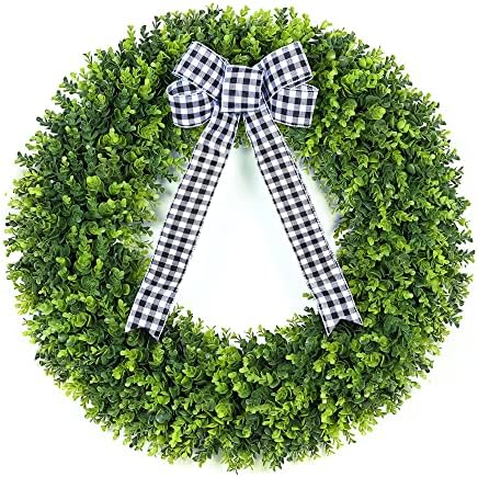 Vlorart 32" Faux Round Boxwood Wreath, Artificial Large Boxwood Wreath Front Door Wreaths Artificial Spring Summer Greenery Hanging with A Plaid Bow for Villa Wall Hanging Window Wedding Party Decor by Vlorart