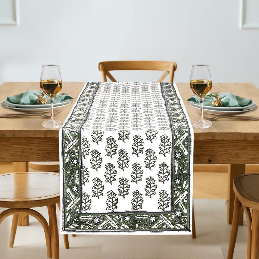 Ridhi Hand Block Print Table Runner Evergreen 16x90 Inch 100% Cotton by Ridhi