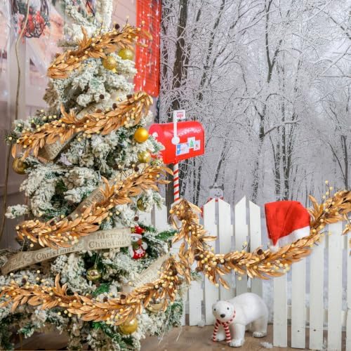 9ft Gold Leaf Christmas Garland, Artificial Bay Leaf Berry Pine Decor - Image 3