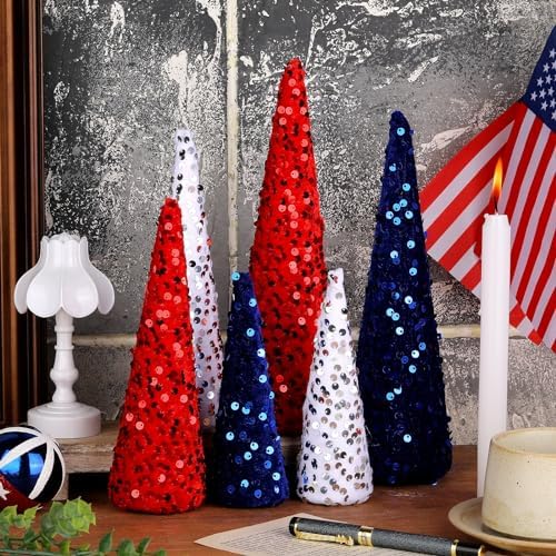 6 Pcs Red White Blue Glitter Cone Trees 4th of July,Independence Day - Image 2