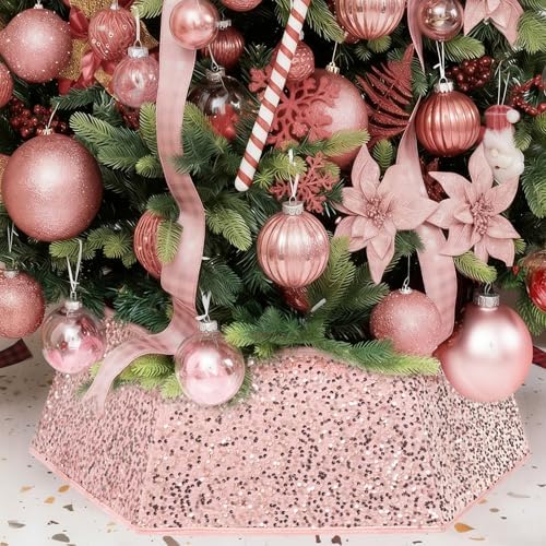 XmasExp Christmas Tree Collar, 33.5 inch Sequin Tree Skirt Stand Base Cover for Home Decor, Large Size 6 Piece, Rose Gold by XmasExp