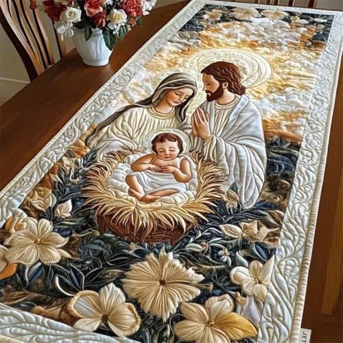Quilted Table Runner, 3D Floral & Animals Design, Farmhouse Rustic Home Decor, for Dining Table Kitchen Holiday (A10,14x108 inches) by SodaMeow