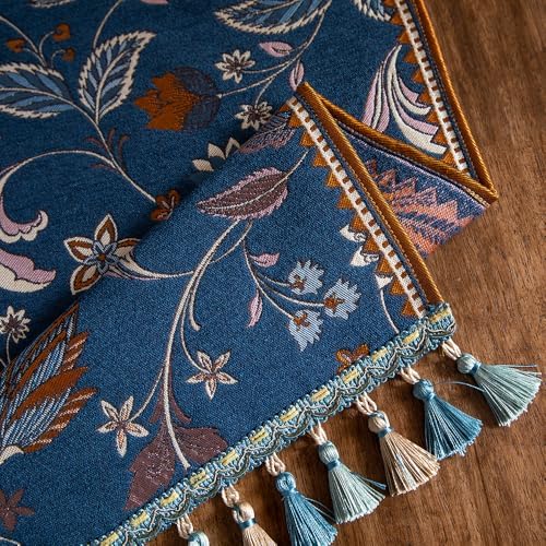 Vintage Floral Jacquard Table Runner with Multi-Color Tassels Luxury French Farmhouse Spring Table Runners Blue for Home Decor Dining Kitchen Living Room Coffee Tables 102" - Image 5