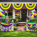 4 Pcs Mardi Gras Bunting Flag 2 x 4Ft Carnival Pleated Fan Flag with Embroidery Iris Banner Mardi Gras Purple Yellow Green Party Decor for Indoor Outdoor Garden Hanging Porch Home Decoration - Image 7