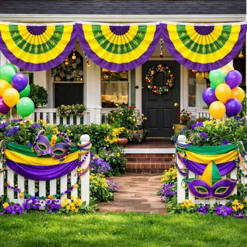4 Pcs Mardi Gras Bunting Flag 2 x 4Ft Carnival Pleated Fan Flag with Embroidery Iris Banner Mardi Gras Purple Yellow Green Party Decor for Indoor Outdoor Garden Hanging Porch Home Decoration - Image 7