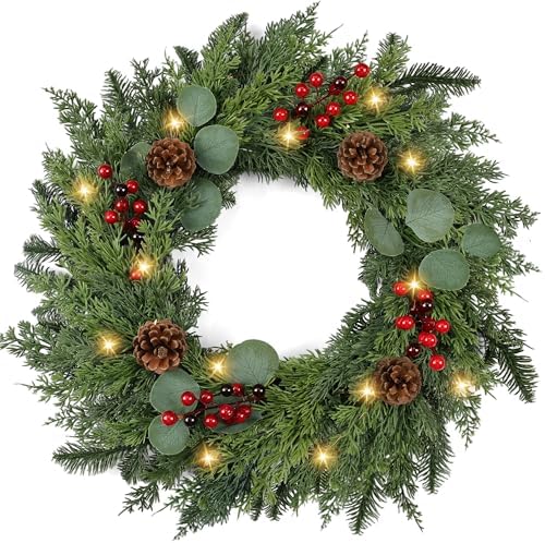 Christmas Wreath with Lights 24 Inch Real Touch Pine Wreath with Red Berries/Pine Cone Prelit Christmas Wreaths for Front Door Outdoor Christmas Decorations Winter Wreath for Windows Indoor Holiday by Zmtyykh