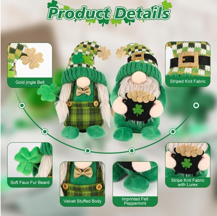 St Patricks Day Decorations - 2Pack St Patrick's Day Plush Gnomes Lucky Green Shamrock for Home - Leprechaun Doll, Irish Gifts Green St. Patricks Day Ornament Table Decor - Image 2