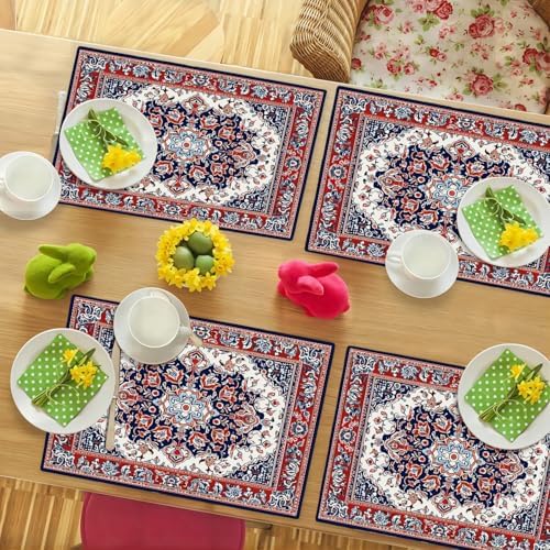Boho Placemats Set of 6 Traditional Oriental Table Mats Abstract Place Mats Decor Imitation Linen Heat Resistant Blue Red Florals Tablecloth for Dining Decorations Kitchen Party Restaurants 12''x18'' - Image 3