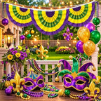 4 Pcs Mardi Gras Bunting Flag 2 x 4Ft Carnival Pleated Fan Flag with Embroidery Iris Banner Mardi Gras Purple Yellow Green Party Decor for Indoor Outdoor Garden Hanging Porch Home Decoration - Image 5