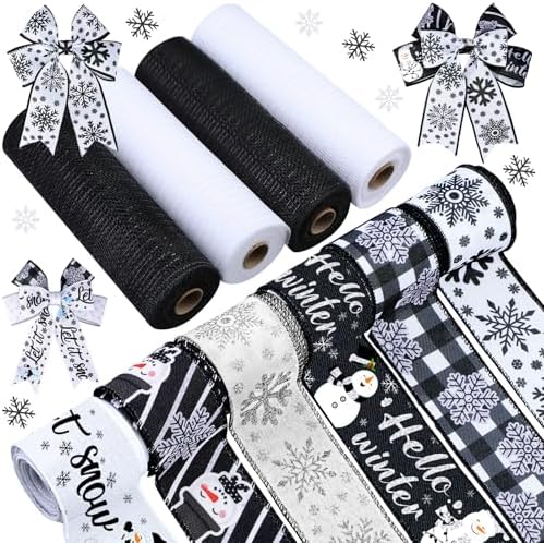 10 Pcs Winter Ribbons 4 Roll Mesh Ribbon 6 Roll Wired Ribbon Black by Yuefunny
