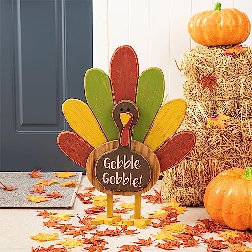 Glitzhome 24" H Thanksgiving Wooden Turkey Porch Decoration, Decorative Turkey Figurine Standing Decor for Indoor Outdoor Thanksgiving Fall Harvest Decoration by Glitzhome