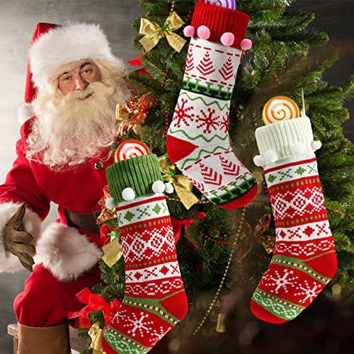 Chivao 4 Pcs 20" Christmas Stocking with Pompoms Large Knit Xmas Decor - Image 3