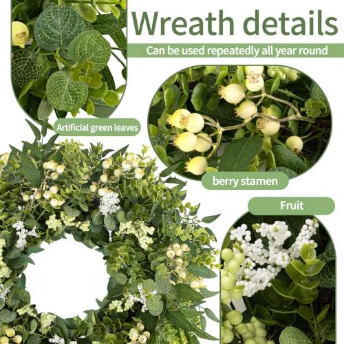 Green Wreath with Berries&Boxwood, Eucalyptus Wreaths for Front Door Artificial Spring Summer Christmas Door Wreath Front Door Wreath Farmhouse Decor for Wall Porch Window(24inch) - Image 2