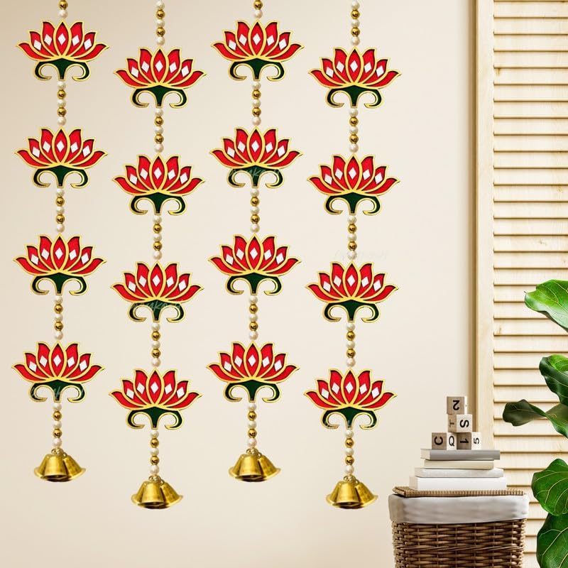 Divyakosh Door Hangings for Home | 4 Red Lotus with Bell Latkans, Size - 24 Inch Each | Temple & Pooja Decoration Items - Image 3