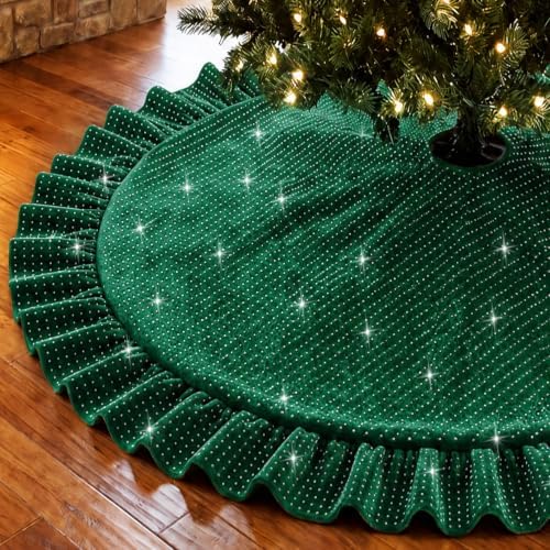 Fall Velvet Tree Skirt 60 Inches Green Christmas Tree Skirt with Sequins - Image 2