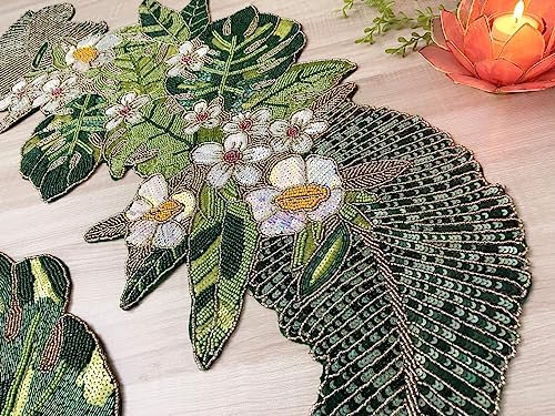 Enliven Floral Beaded Table Runner 13 x 36 Inch, Handmade Flower & Leaf Spring Table Runner, Green Botanical Centerpiece for Dining Table, Easter, Wedding, Garden Party & Home Decor - Image 4