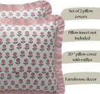 Set of 2 Pillow Covers with Ruffles 20x20 inch Floral Pillow Covers Pink Farmhouse Pillow Covers for Girls Room Nursery Couch Throw Pillow Covers Boho Home Decorative Pillow for Spring - Image 2