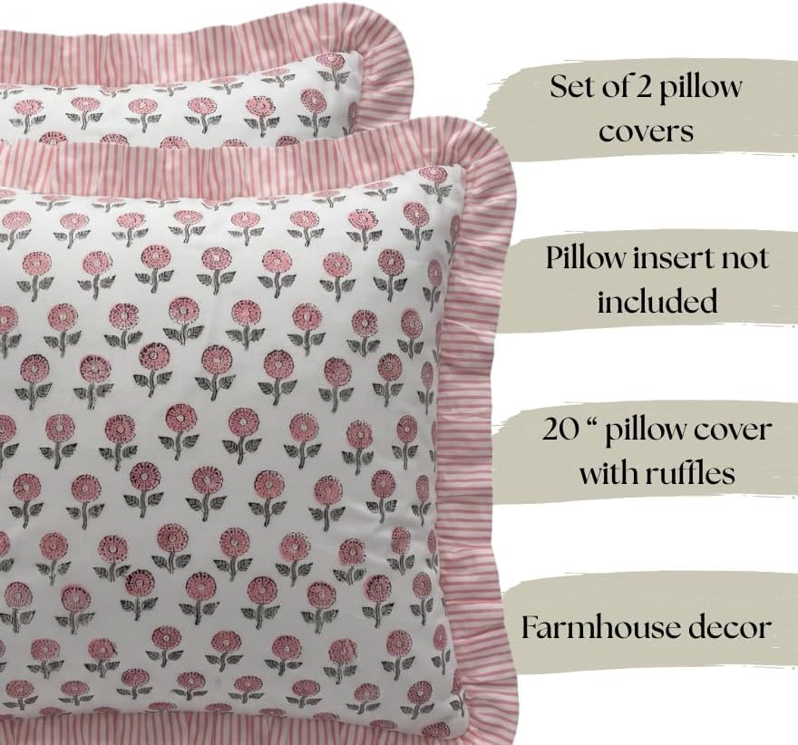 Set of 2 Pillow Covers with Ruffles 20x20 inch Floral Pillow Covers Pink Farmhouse Pillow Covers for Girls Room Nursery Couch Throw Pillow Covers Boho Home Decorative Pillow for Spring - Image 2