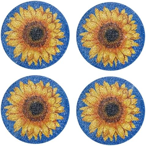 15" Sunflower Rhinestones Placemats Set of 4, Round,Blue Yellow by Cumouna