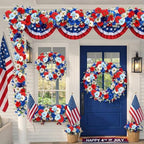 6 ft Red White Blue Garland 4th of July Patriotic Flower Garland for Mantle Artificial 250th Decoration with Daisy Lavender Vine Memorial Day Faux Floral for Independence Table Decor - Image 6