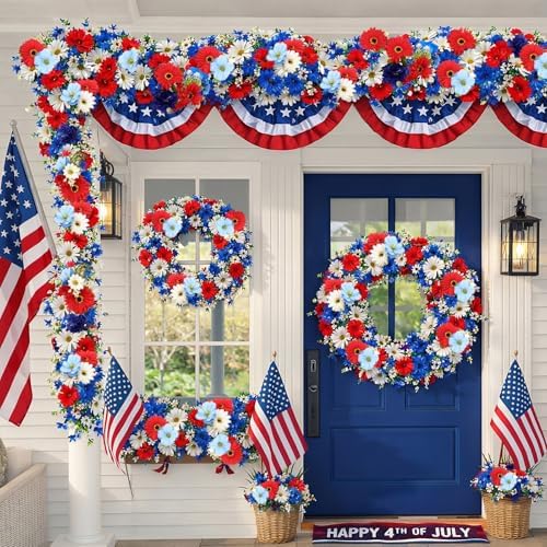 6 ft Red White Blue Garland 4th of July Patriotic Flower Garland for Mantle Artificial 250th Decoration with Daisy Lavender Vine Memorial Day Faux Floral for Independence Table Decor - Image 6