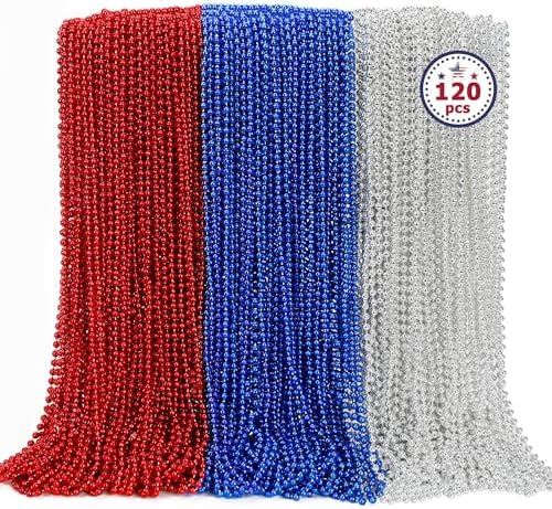 4th of July Necklace Bulk, 120PCS Fourth of July Beads Necklace, Round Independence Day Red Blue Silver Necklaces, Beads Bulk for Patriotic Parade Party Celebration Favors Decorations by EOBOH