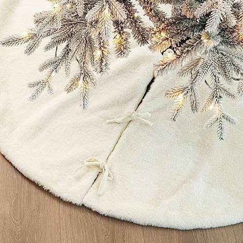 Glitzhome 48”D White Faux Rabbit Fur Christmas Tree Skirt,Rustic Xmas Tree Skirt for Christmas Home Party Holiday Decorations - Image 4