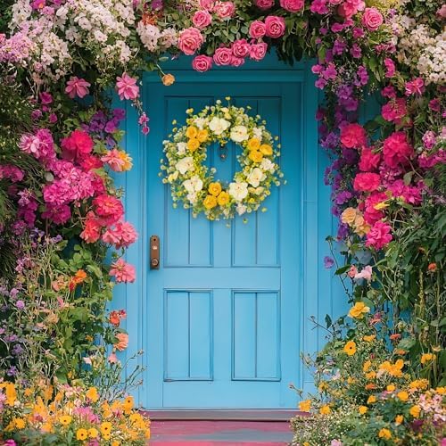 24 Inch Spring Yellow Floral Wreath for Front Door, Artificial Camellia & Orchid Wreath with Eucalyptus Greenery, Farmhouse Door Decor for Spring Summer Wedding Wall Window - Image 3