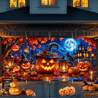Halloween Garage Door Banner Background Cover 7x16 FT Large Spooky Pumpkin Witch Hat Haunted House Backdrop Hanging Decor for Double Car Garage Door Outside Yard Party Holiday Decorations by THISFIND
