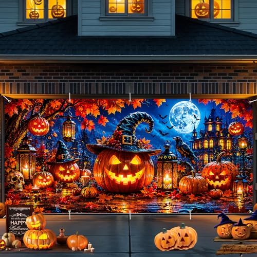 Halloween Garage Door Banner Background Cover 7x16 FT Large Spooky Pumpkin Witch Hat Haunted House Backdrop Hanging Decor for Double Car Garage Door Outside Yard Party Holiday Decorations by THISFIND
