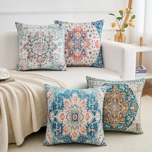 Throw Pillow Covers 20x20 Inch Set of 4 Washable BOHO Vintage Style Decorative Throw Pillow Cases Soft Velvet Square Farmhouse Decor Retro Cushion Covers for Couch Sofa Bed Living Room Outdoor - Image 4