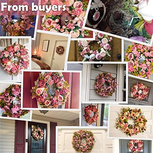 BOMAROLAN Artificial Peony Flower Wreath 19Inch Vintage Blooming Silk Peonies Spring Summer Fall Winter Large Wreaths Flower Green Leaves for Outdoor Front Door Indoor Wedding Wall Or Window Décor - Image 2