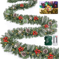 Remote Control&Super Long&8 Modes-18 Ft Prelit Canyon Pine Christmas Garland for Stairs Door Porch Outdoor Indoor Fireplace Mantle,100 Warm White&Colors Switch Lights,Timer,460 Branches Pinecone Berry by Camlinbo