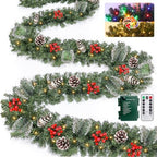 Remote Control&Super Long&8 Modes-18 Ft Prelit Canyon Pine Christmas Garland for Stairs Door Porch Outdoor Indoor Fireplace Mantle,100 Warm White&Colors Switch Lights,Timer,460 Branches Pinecone Berry by Camlinbo