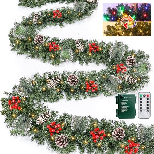 Remote Control&Super Long&8 Modes-18 Ft Prelit Canyon Pine Christmas Garland for Stairs Door Porch Outdoor Indoor Fireplace Mantle,100 Warm White&Colors Switch Lights,Timer,460 Branches Pinecone Berry by Camlinbo