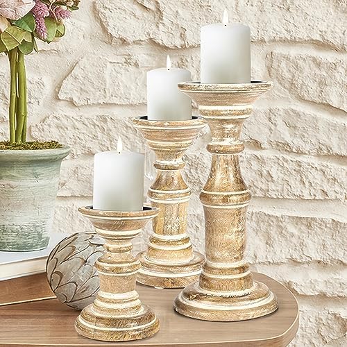 Homebia Design White Wash Pillar Candle Holder Set of 3 – 10, 8, 6 Inch by HomebiaDesigns