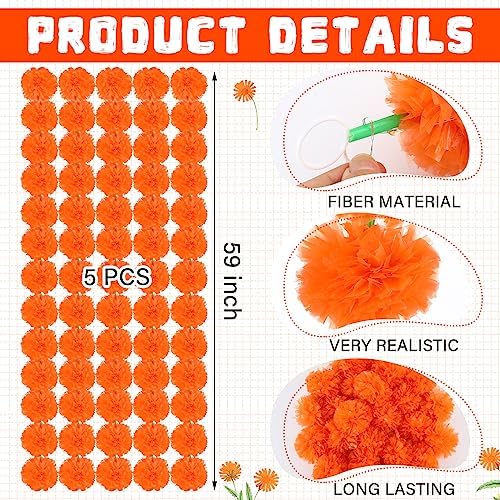 Karenhi 10 Pcs 50 Feet Diwali Marigold Garland with LED Light, Indian Artificial Marigold Flower Garland for Wedding Backdrop Christmas Mantel Dia de Los Muertos Festival Event Decor(Dark Orange) - Image 3