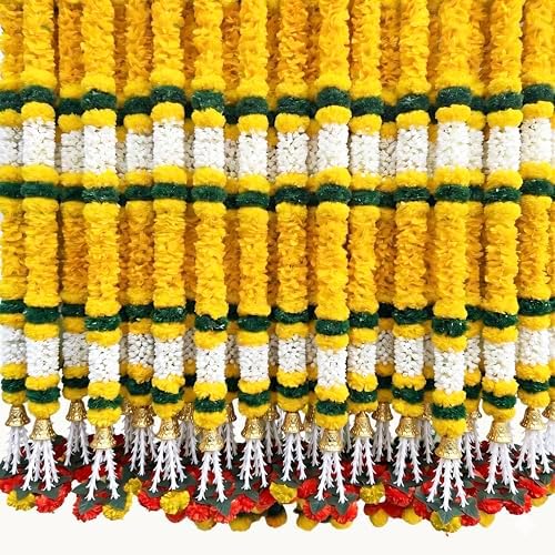 DIYANA IMPEX 4 Pc Artificial Marigold Garland with Bells, 5 Ft Long Hanging Flower Strings for Diwali Decorations, Indian Wedding, Party, Home Decor, Ganpati Hanging Decor & Mantle Decor (Yellow) by DIYANA+IMPEX