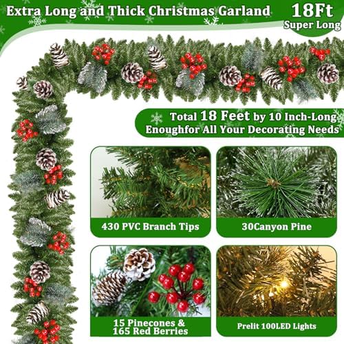 Remote Control&Super Long&8 Modes-18 Ft Prelit Canyon Pine Christmas Garland for Stairs Door Porch Outdoor Indoor Fireplace Mantle,100 Warm White&Colors Switch Lights,Timer,460 Branches Pinecone Berry - Image 4