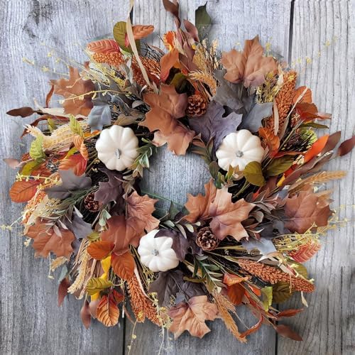 WANNA-CUL 24 Inch Fall Wreath for Front Door with White Pumpkins,Grains, Maple Leaves-Fall Decoration for Home-Large Fall Decor Door Wreath for Autumn,Harvest or Halloween - Image 6