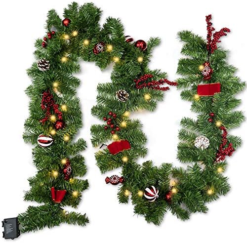 FUNPENY 9 FT Artificial Christmas Garland, Pre-Lit 50 LED Battery Operated Lighted Xmas Garland with 8 Modes for Indoor Holiday Door Home Decorations (Red) by FUNPENY