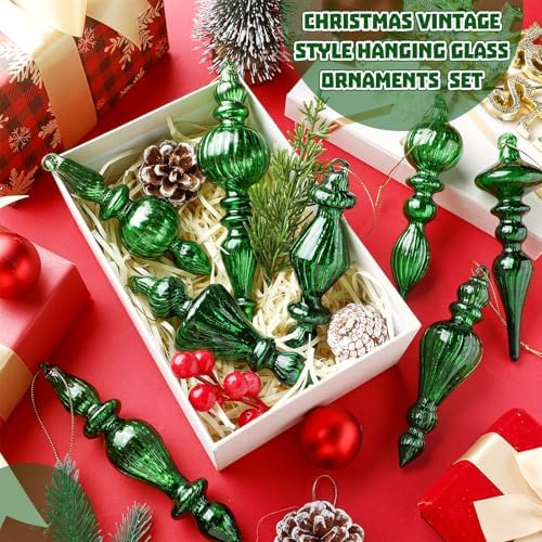Mifoci 8 Pcs 6 Inch Mercury Glass Finial Christmas Ornaments,Green - Image 3