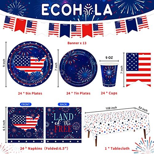 Fourth of July Party Supplies Serve 24, Freedom Fireworks Party Kit Set includes Disposable Plates, Napkins, Cups, Banner and Tablecover for Independence Day Patriotic Events - Image 2