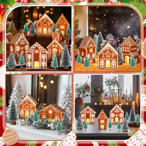 WILLBOND 29 PCS LED Gingerbread Christmas Village Sets 8 Lighted Ceramic Gingerbread Village Houses with Remote Control and 13 Trees Christmas Figurines Decor for Home Tabletop Mantel Shelf Decor - Image 6