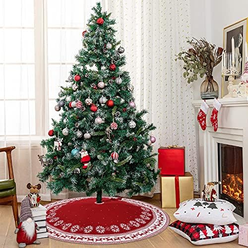 Dremisland Christmas Tree Skirt Rustic Knit Christmas Tree Mat 48In Red - Image 5