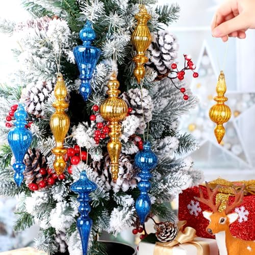 Mifoci 8 Pcs 6 Inch Mercury Glass Finial Christmas Ornaments,Blue, Gold - Image 4